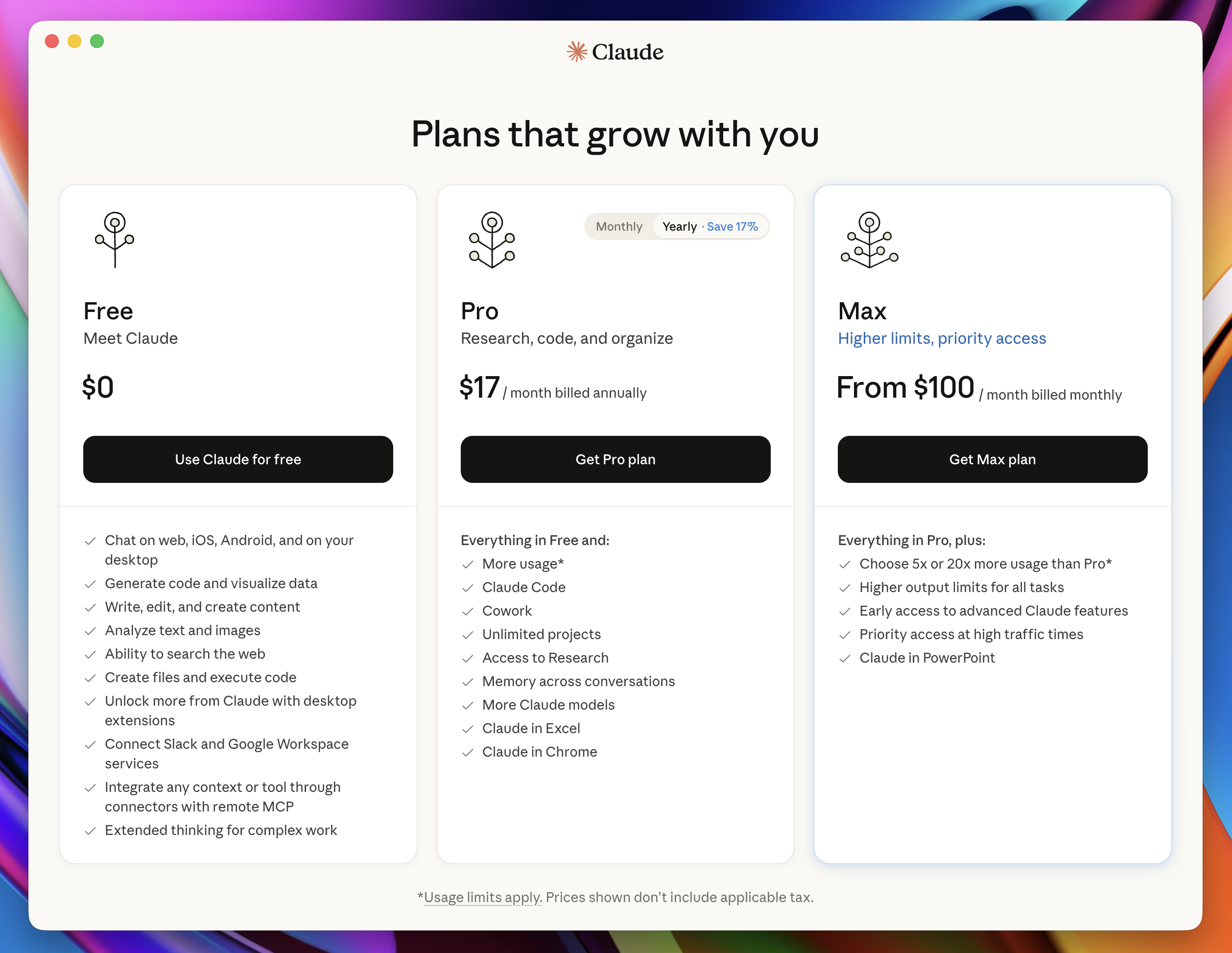 Choose a plan screen